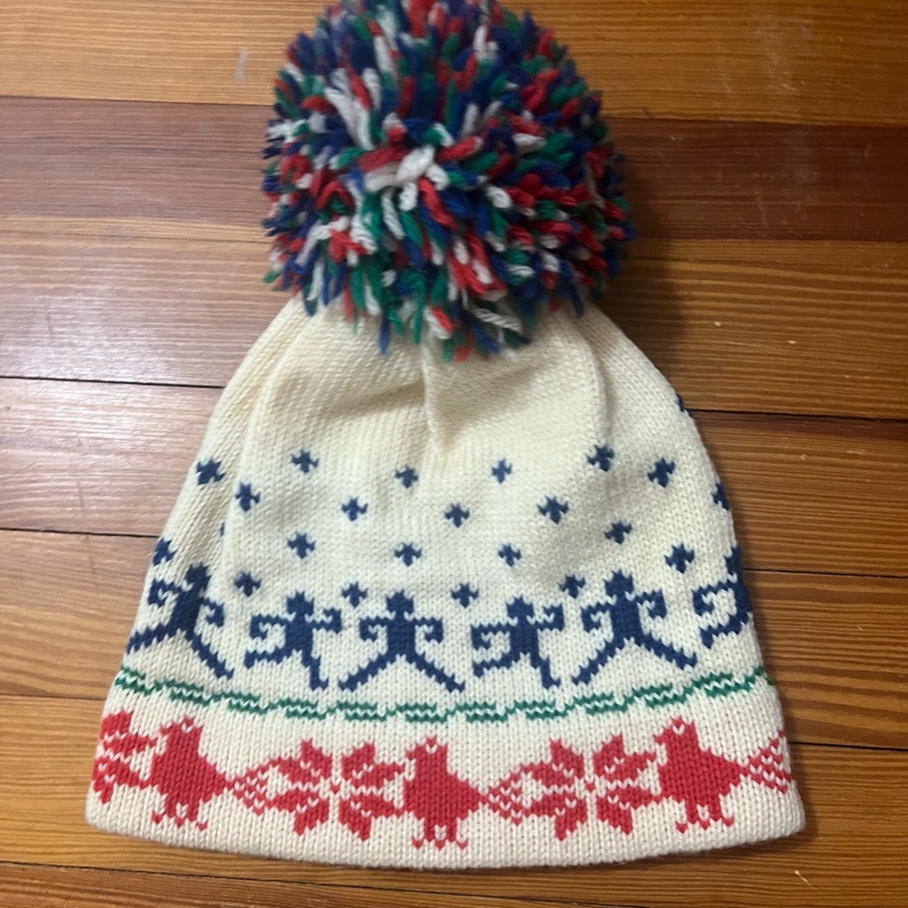 Vintage Deep Powder Designs Winter Knit Beanie Pom Pom Cap Hat Handmade Wool